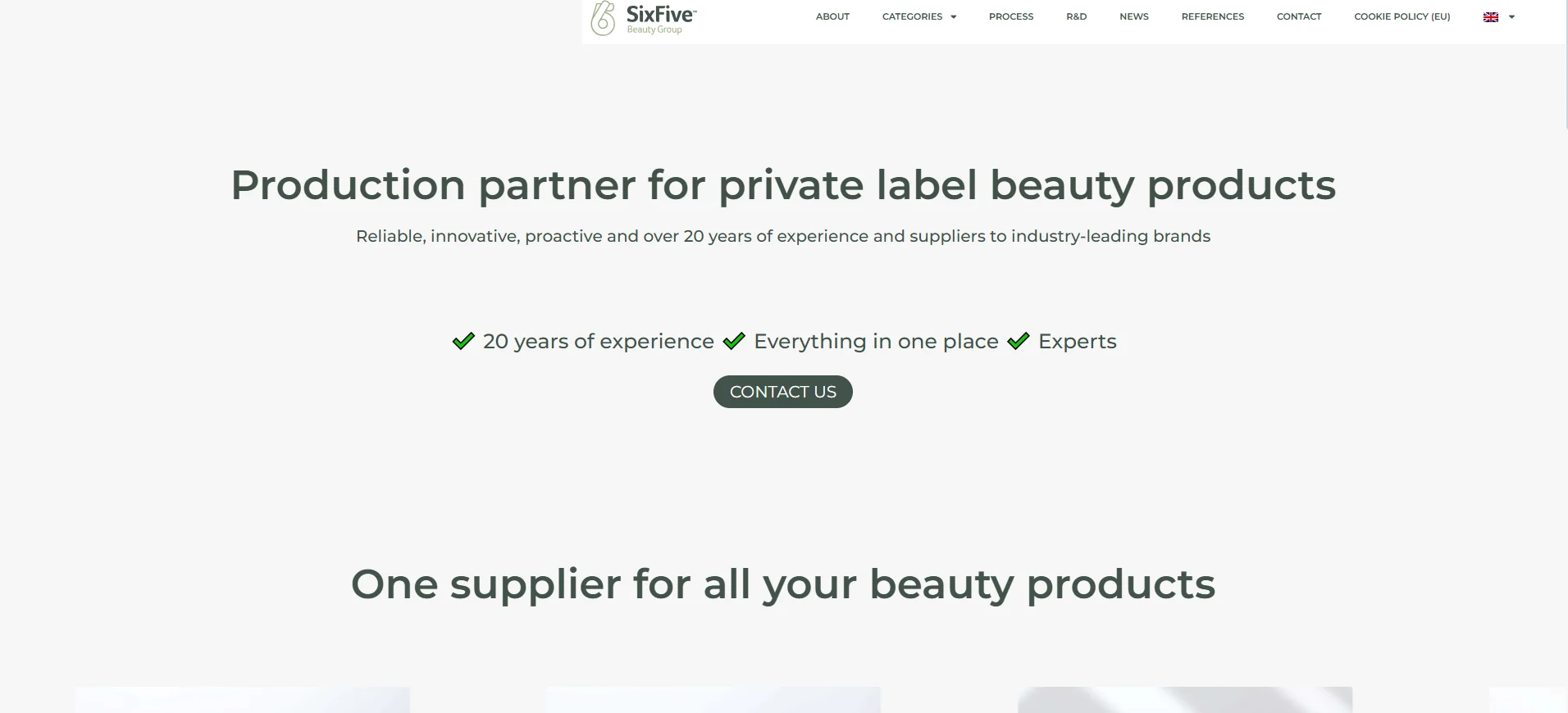 Website homepage for a production partner of private label beauty products, highlighting experience and expertise.